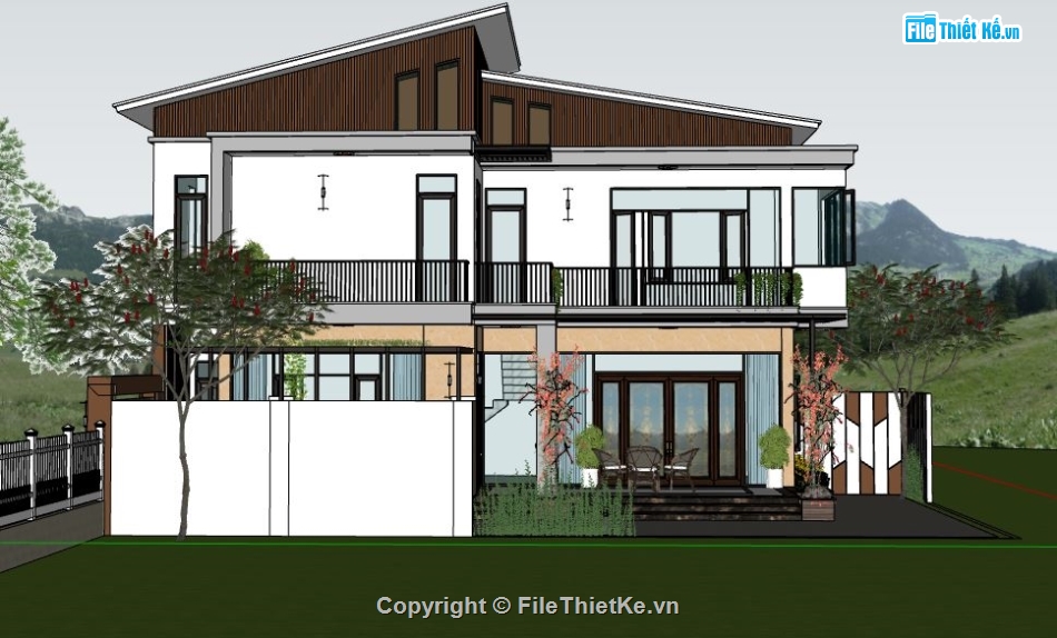 biệt thự 2 tầng 8.8x15.6m,file sketchup biệt thự 2 tầng,dựng model su nhà biệt thự,biệt thự mái lệch file Su