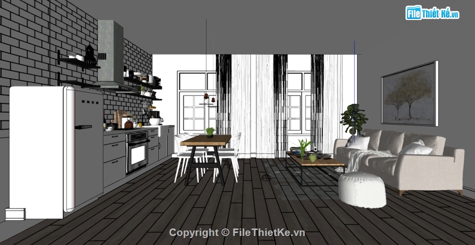 sketchup nội thất phòng khách bếp,nội thất khách bếp sketchup,model sketchup nội thất khách bếp,thiết kế phòng khách bếp file sketchup