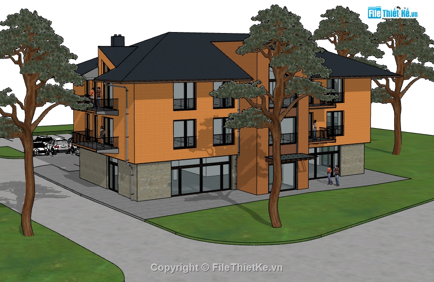 khách sạn 3 tầng dựng sketchup,3d su khách sạn 3 tầng,thiết kế khách sạn file su