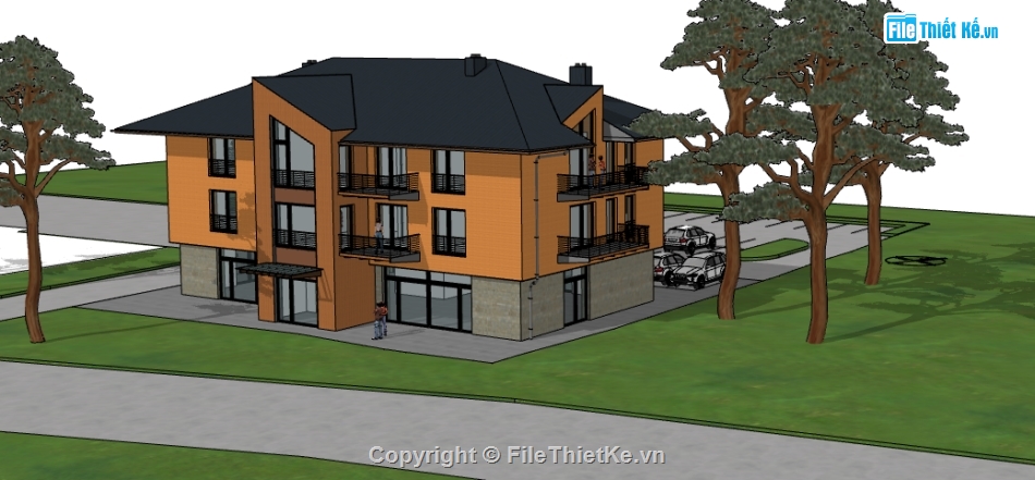 khách sạn 3 tầng dựng sketchup,3d su khách sạn 3 tầng,thiết kế khách sạn file su