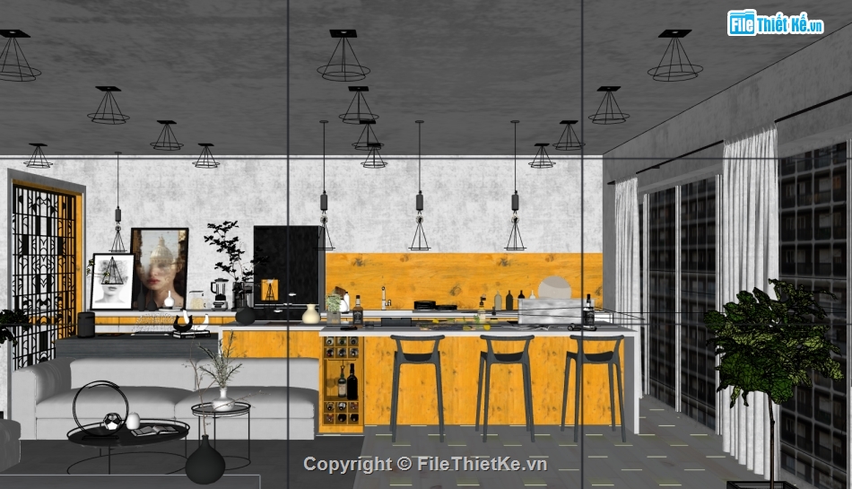 thiết kế nội thất phòng khách bếp,sketchup nội thất phòng bếp,sketchup phòng khách bếp chung cư,sketchup nội thất khách bếp