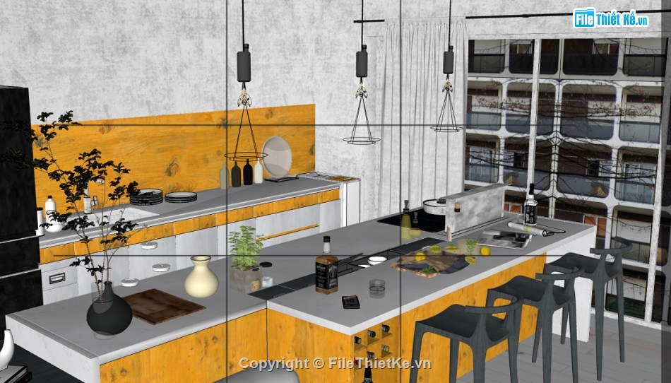thiết kế nội thất phòng khách bếp,sketchup nội thất phòng bếp,sketchup phòng khách bếp chung cư,sketchup nội thất khách bếp