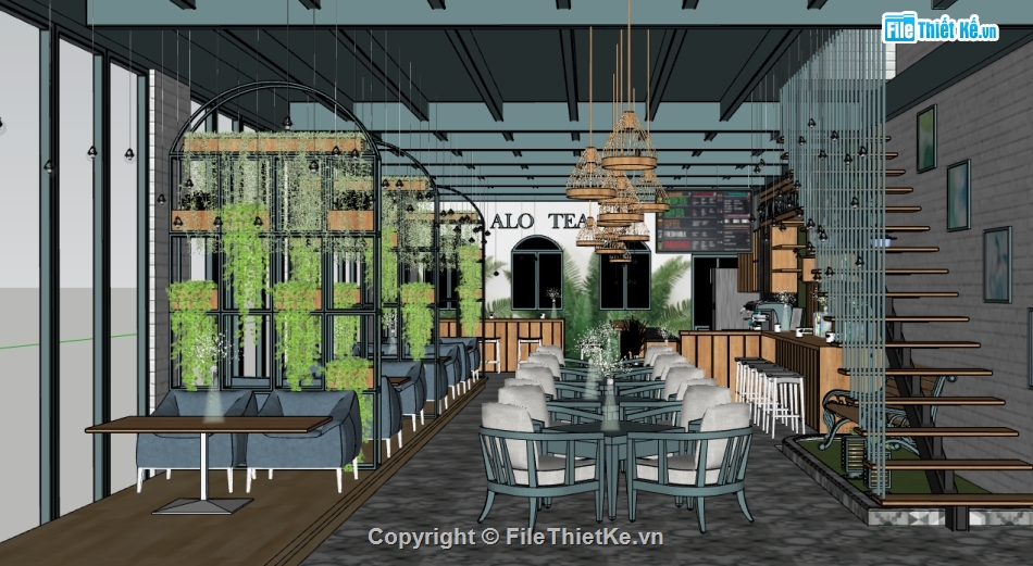 quán coffee dựng trên sketchup,mẫu sketchup nội thất quán coffee,su nội thất quán coffee