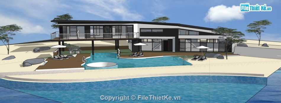 phối cảnh biệt thự nghỉ dưỡng file su,dựng 3d mẫu biệt thự 2 tầng,thiết kế sketchup biệt thự 2 tầng