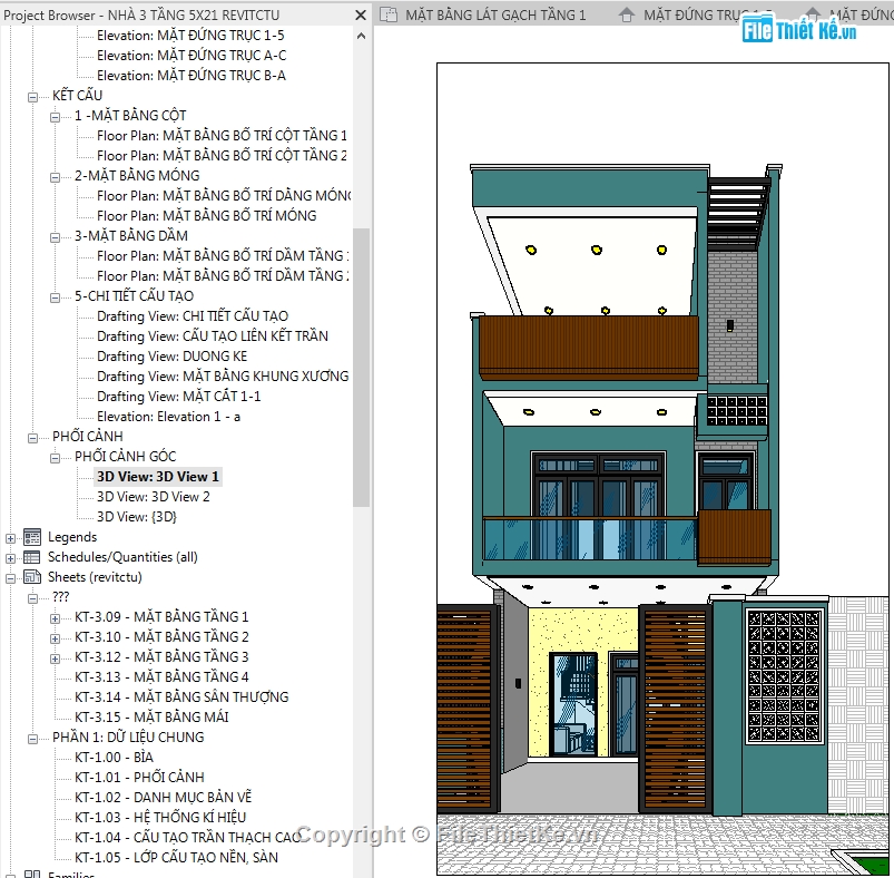 revit nhà phố 3 tầng,File revit nhà phố,Bản vẽ revit nhà phố,nhà phố 3 tầng revit