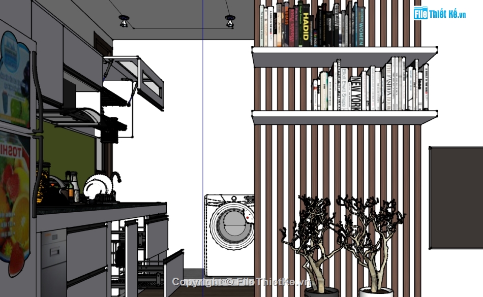 file sketchup phòng khách bếp,thiết kế phòng khách bếp file sketchup,dựng nội thất phòng khách bếp trên su