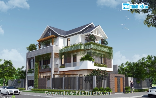 biệt thự 3 tầng,Phối cảnh biệt thự 3 tầng,biệt thự đẹp 3 tầng,Sketchup 3 tầng