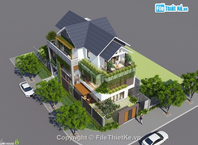 biệt thự 3 tầng,Phối cảnh biệt thự 3 tầng,biệt thự đẹp 3 tầng,Sketchup 3 tầng