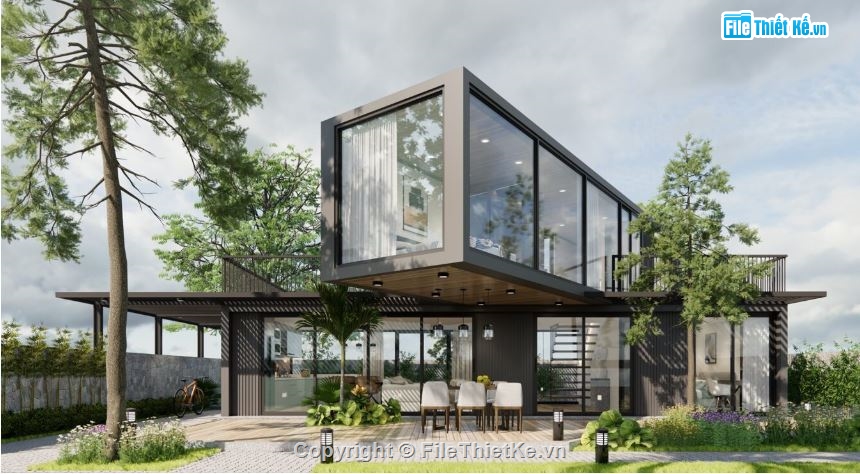 biệt thự hiện đại,biệt thự 12x12m,mẫu biệt thự sketchup,mẫu biệt thự 2 tầng,biệt thự container