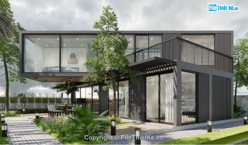 biệt thự hiện đại,biệt thự 12x12m,mẫu biệt thự sketchup,mẫu biệt thự 2 tầng,biệt thự container