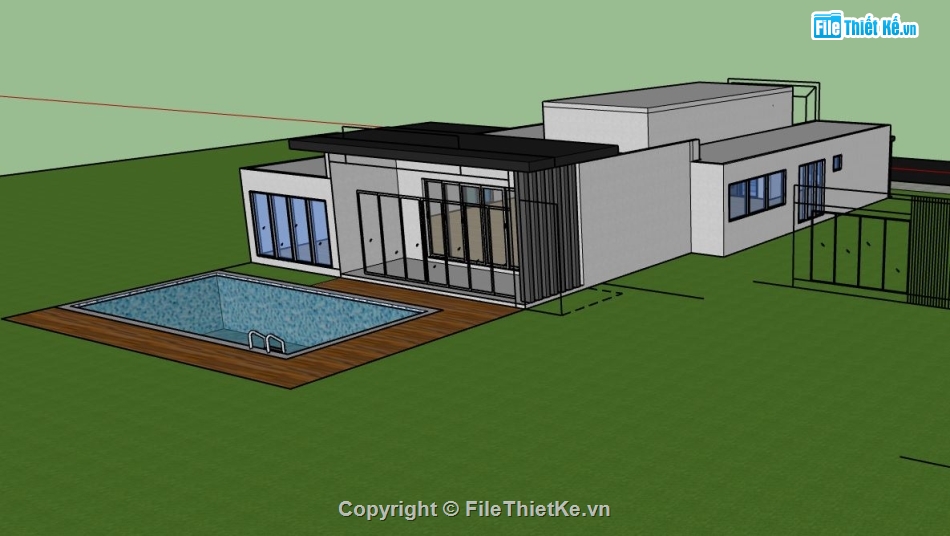 biệt thự 1 tầng,sketchup phối cảnh biệt thự,mẫu nhà 1 tầng