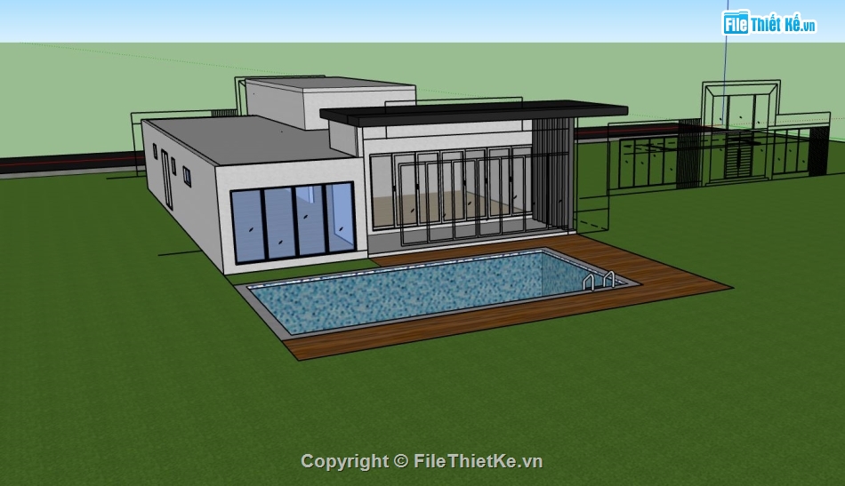 biệt thự 1 tầng,sketchup phối cảnh biệt thự,mẫu nhà 1 tầng