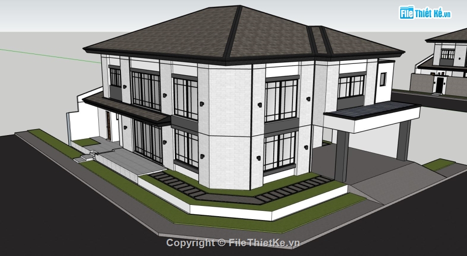 biệt thự 2 tầng,file sketchup biệt thự 2 tầng,phối cảnh biệt thự 2 tầng