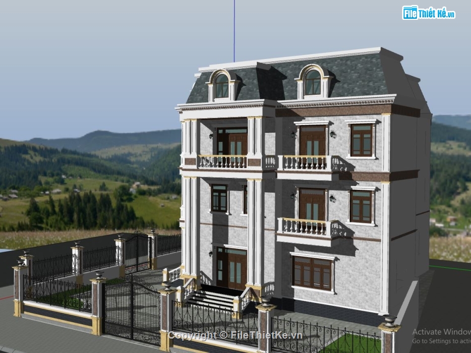 File sketchup biệt thự 3 tầng,phối cảnh biệt thự 3 tầng,model sketchup biệt thự 3 tầng,biệt thự cổ điển 3 tầng