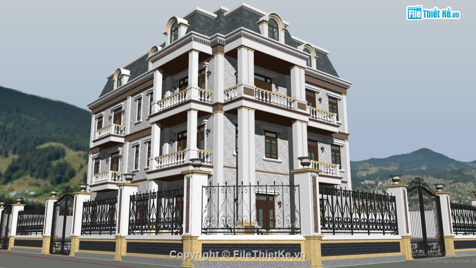 File sketchup biệt thự 3 tầng,phối cảnh biệt thự 3 tầng,model sketchup biệt thự 3 tầng,biệt thự cổ điển 3 tầng