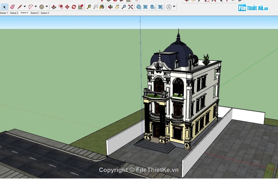 Biệt thự tân cổ điển,Biệt thự 3 tầng tân cổ điển,file sketchup biệt thự 3 tầng