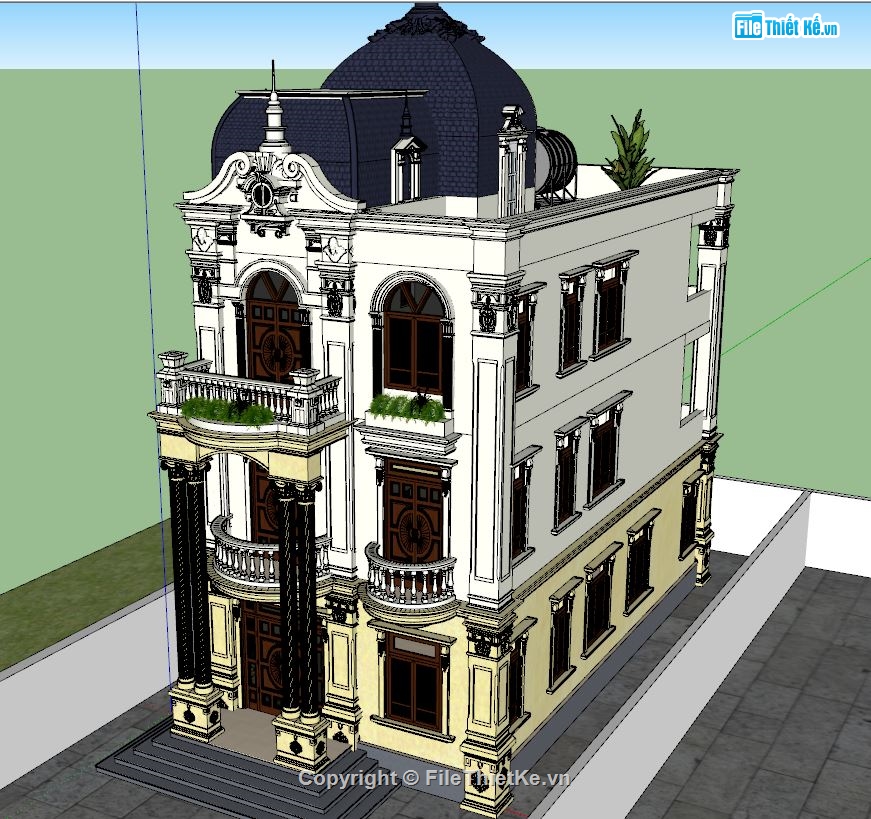 Biệt thự tân cổ điển,Biệt thự 3 tầng tân cổ điển,file sketchup biệt thự 3 tầng