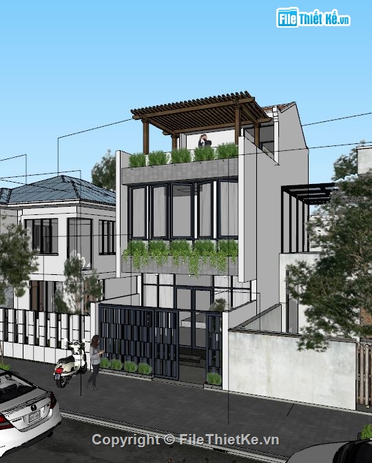 nhà phố 3 tầng,file nhà phố 3 tầng sketchup,mẫu nhà phố 3 tầng,nhà phố kích thước 5x14m
