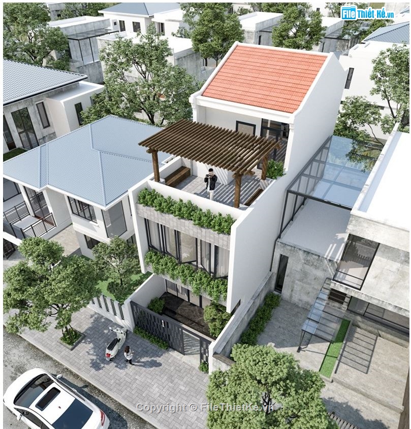 nhà phố 3 tầng,file nhà phố 3 tầng sketchup,mẫu nhà phố 3 tầng,nhà phố kích thước 5x14m