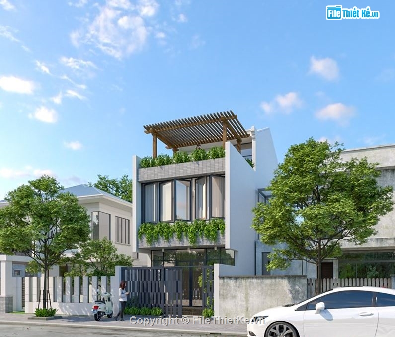 nhà phố 3 tầng,file nhà phố 3 tầng sketchup,mẫu nhà phố 3 tầng,nhà phố kích thước 5x14m
