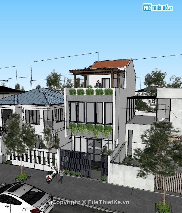 nhà phố 3 tầng,file nhà phố 3 tầng sketchup,mẫu nhà phố 3 tầng,nhà phố kích thước 5x14m