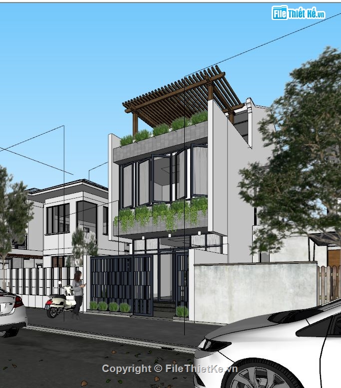 nhà phố 3 tầng,file nhà phố 3 tầng sketchup,mẫu nhà phố 3 tầng,nhà phố kích thước 5x14m