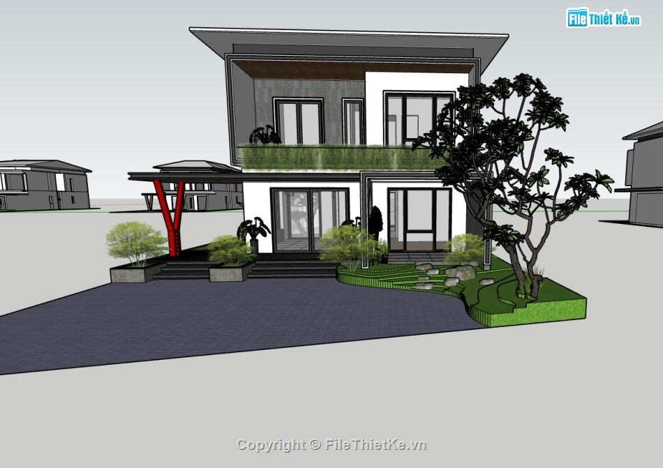 phối cảnh biệt thự 2 tầng,file su biệt thự 2 tầng,sketchup biệt thự 2 tầng