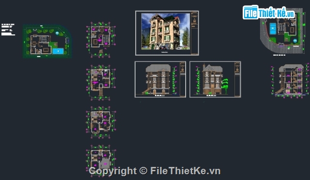 File cad Biệt thự 3 tầng,bản vẽ 3 tầng,mẫu biệt thự 3 tầng,kiến trúc biệt thự 3 tầng