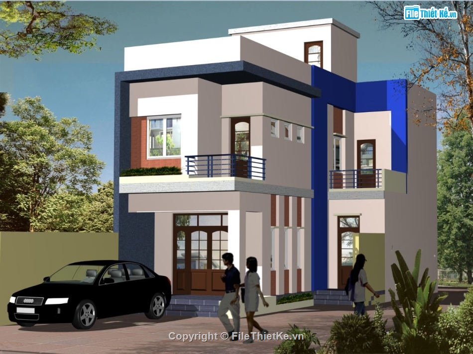 File autocad bản thiết nhà mái bằng 2 tầng kiến trúc hiện đại 6.5x12.1m