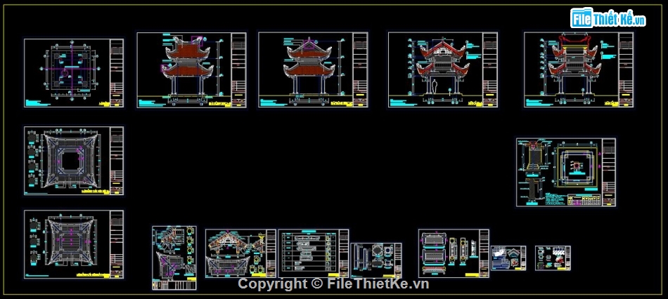 Kiến trúc đền cổ file cad,Kiến trúc nhà bia 8 mái file autocad,Thiết kế autocad nhà bia 8 mái,Bản vẽ cad nhà bia 8 mái