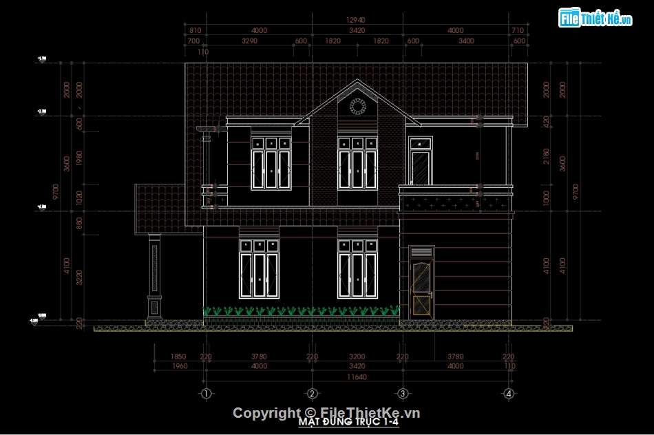 biệt thự 2 tầng mái thái,Biệt thự 2 tầng 10.52x12.84m,Bản vẽ biệt thự 2 tầng,Autocad biệt thự 2 tầng,Kiến trúc biệt thự 2 tầng