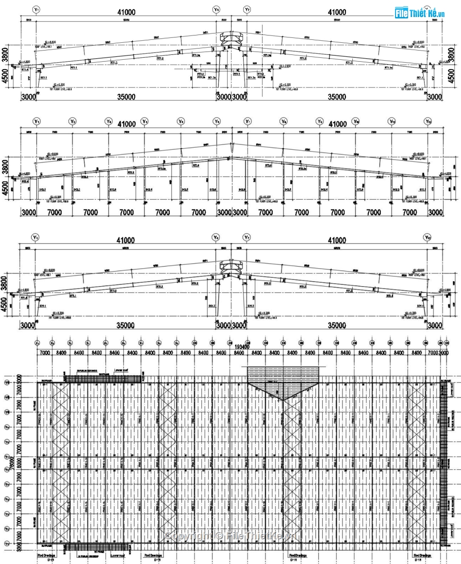 thiết kế nhà xưởng,Nhà xưởng 1 tầng,Nhà xưởng vượt nhịp 35m,Nhà xưởng khung thép 76x193m,File Autocad kết cấu nhà xưởng