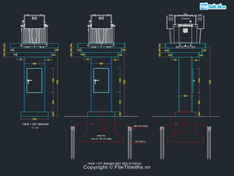 chi tiết cấu tạo,móng cột,hạ thế TBA,điện trung thế,TBA 630k hệ cột
