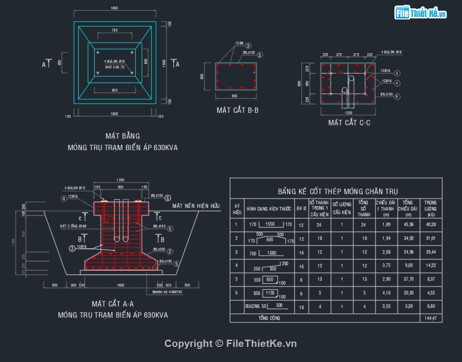 chi tiết cấu tạo,móng cột,hạ thế TBA,điện trung thế,TBA 630k hệ cột