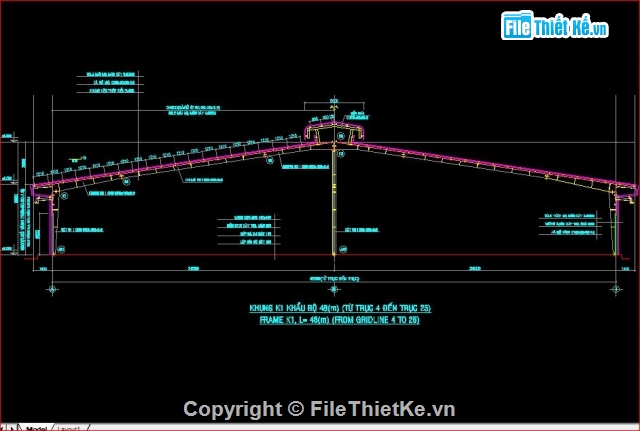 bản vẽ nhà xưởng,kèo nhà xưởng,Khung kèo xưởng nhịp 48m có cột giữa