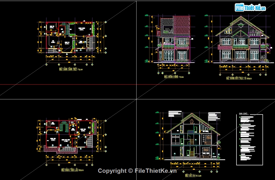 bản vẽ biệt thự 3 tầng,bản vẽ autocad biệt thự 3 tầng,mẫu biệt thự 3 tầng đẹp,Biệt thự 3 tầng 8.8x13.2m,file cad biệt thự 3 tầng