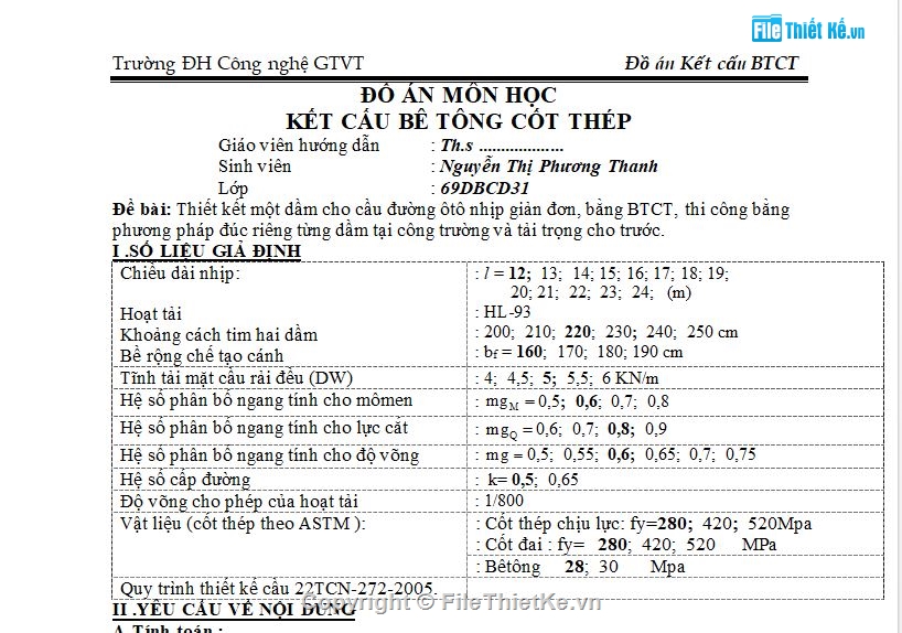 đồ án BTCT 1,đồ án BTCT – Dầm T L=12m,đồ án