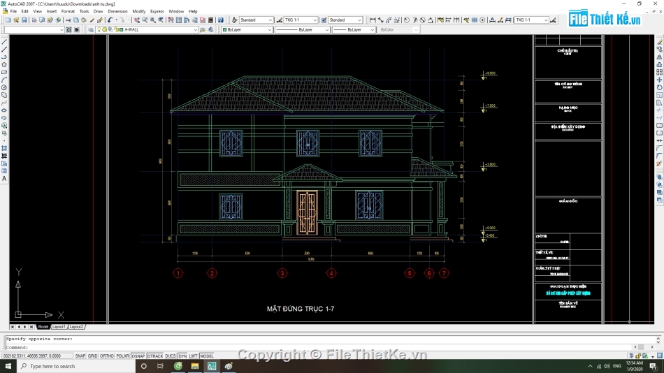 File cad,cấp phép xây dựng,nhà biệt thự mái thái 02 tầng,bản vẽ kiến trúc nhà 2 tầng,nhà mái thái 2 tầng 8.8x16.3m