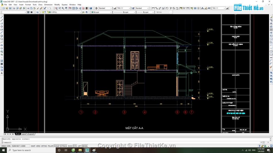 File cad,cấp phép xây dựng,nhà biệt thự mái thái 02 tầng,bản vẽ kiến trúc nhà 2 tầng,nhà mái thái 2 tầng 8.8x16.3m