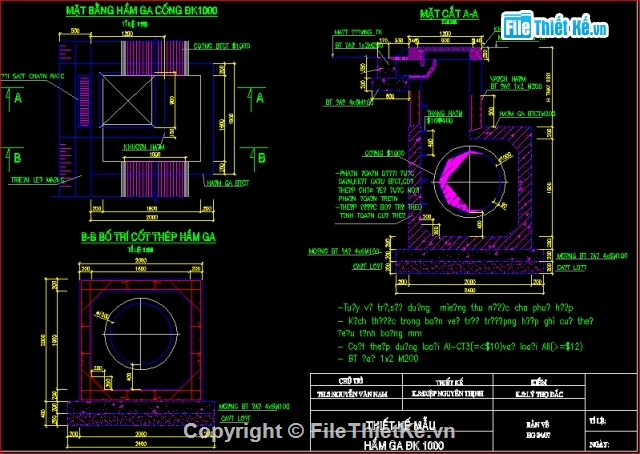 Kết cấu hố ga,hầm ga đường kính 400 - 2000mm,Bản vẽ hầm ga