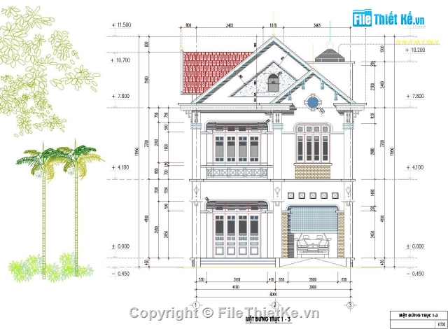 bản vẽ kiến trúc,biệt thự 8mx15m,biệt thự 2 tầng,biệt thự mái thái