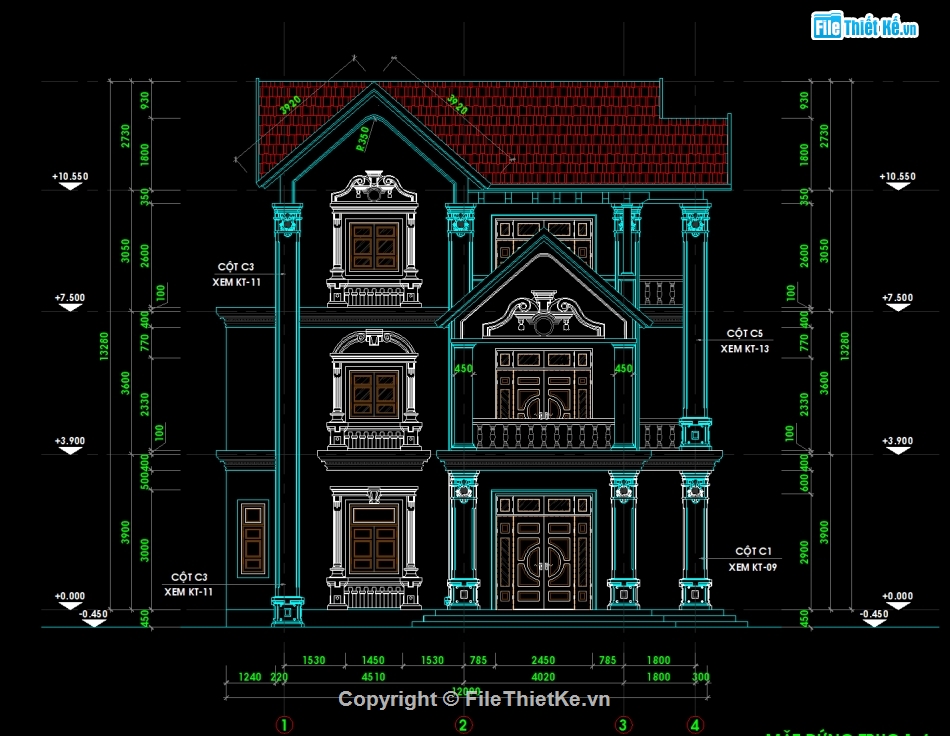 Autocad biệt thự tân cổ điển,Biệt thự 3 tầng tân cổ,Biệt thự 3 tầng mái thái,Biệt thự 3 tầng 12.12x10.44m,Bản vẽ biệt thự 3 tầng