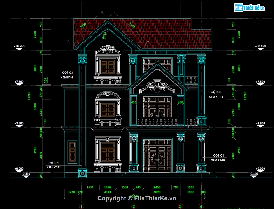 Autocad biệt thự tân cổ điển,Biệt thự 3 tầng tân cổ,Biệt thự 3 tầng mái thái,Biệt thự 3 tầng 12.12x10.44m,Bản vẽ biệt thự 3 tầng