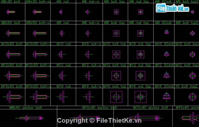 File cad Mẫu các loại bulông đai ốc File Cad Mẫu Các Loại Bulông Đai Ốc