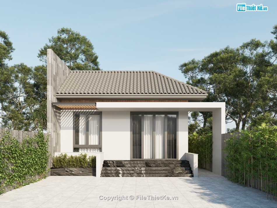 nhà mái nhật 1 tầng,kiến trúc mái nhật 1 tầng,sketchup nhà 1 tầng