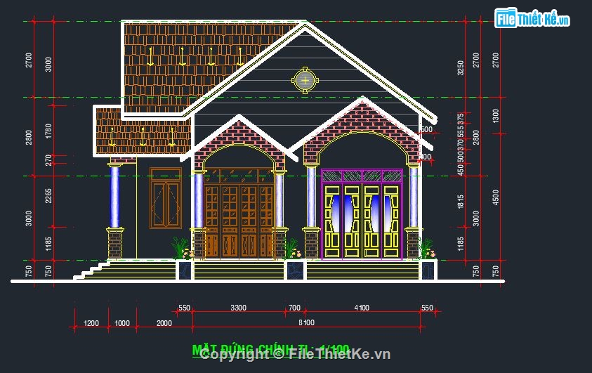 nhà mái thái,mái thái 1 tầng,file cad nhà mái thái