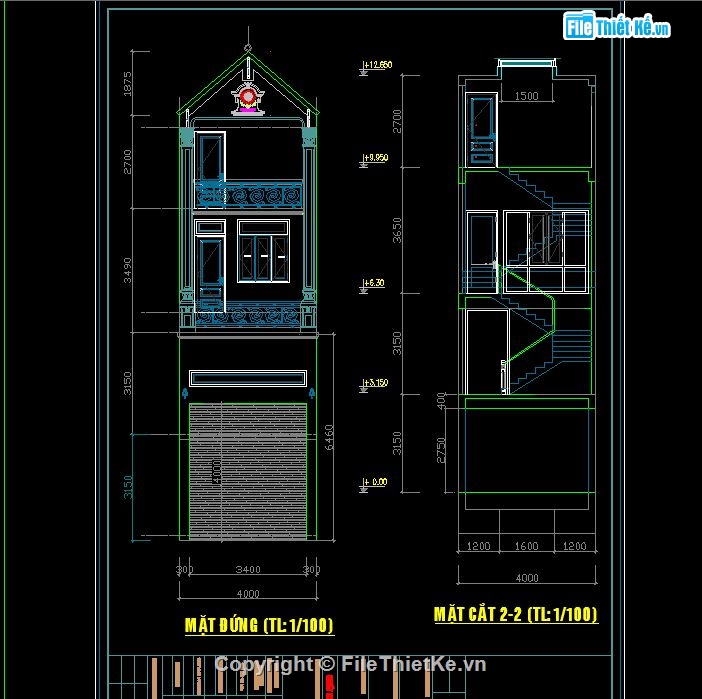 Nhà lệch tầng,3 tầng,Nhà ống,4 tầng,Bản vẽ Nhà ống 4x27m