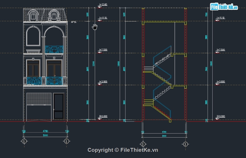 Nhà phố 3 tầng,Nhà phố 3 tầng 5x17.5m,file cad nhà phố 3 tầng,Kiến trúc nhà phố 3 tầng tân cổ,nhà phố 3 tầng tân cổ điển