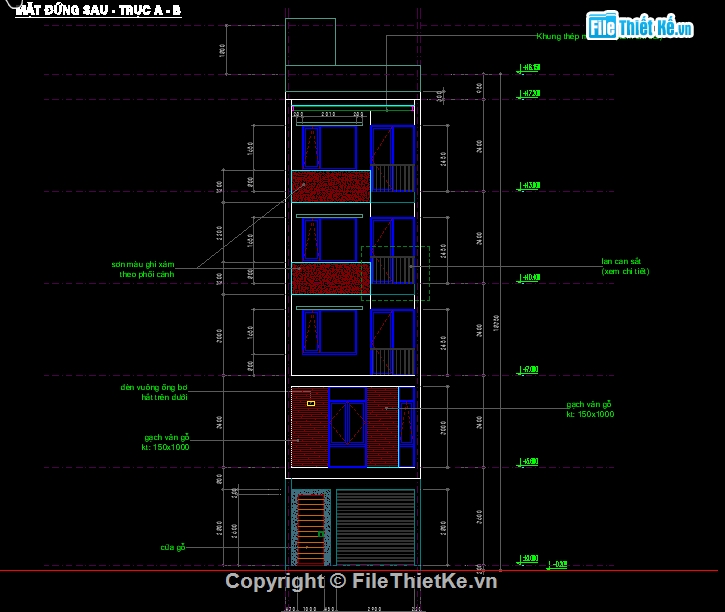 File cad Nhà phố 5 tầng 5x20m - Full kiến trúc, kết cấu, điện nước