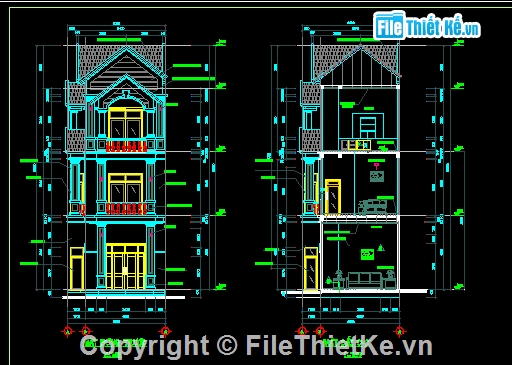 nhà phố 3 tầng 6x18.5m,nhà phố tân cổ điển,kiến trúc nhà phố,File cad nhà phố,File thiết kế nhà 3 tầng